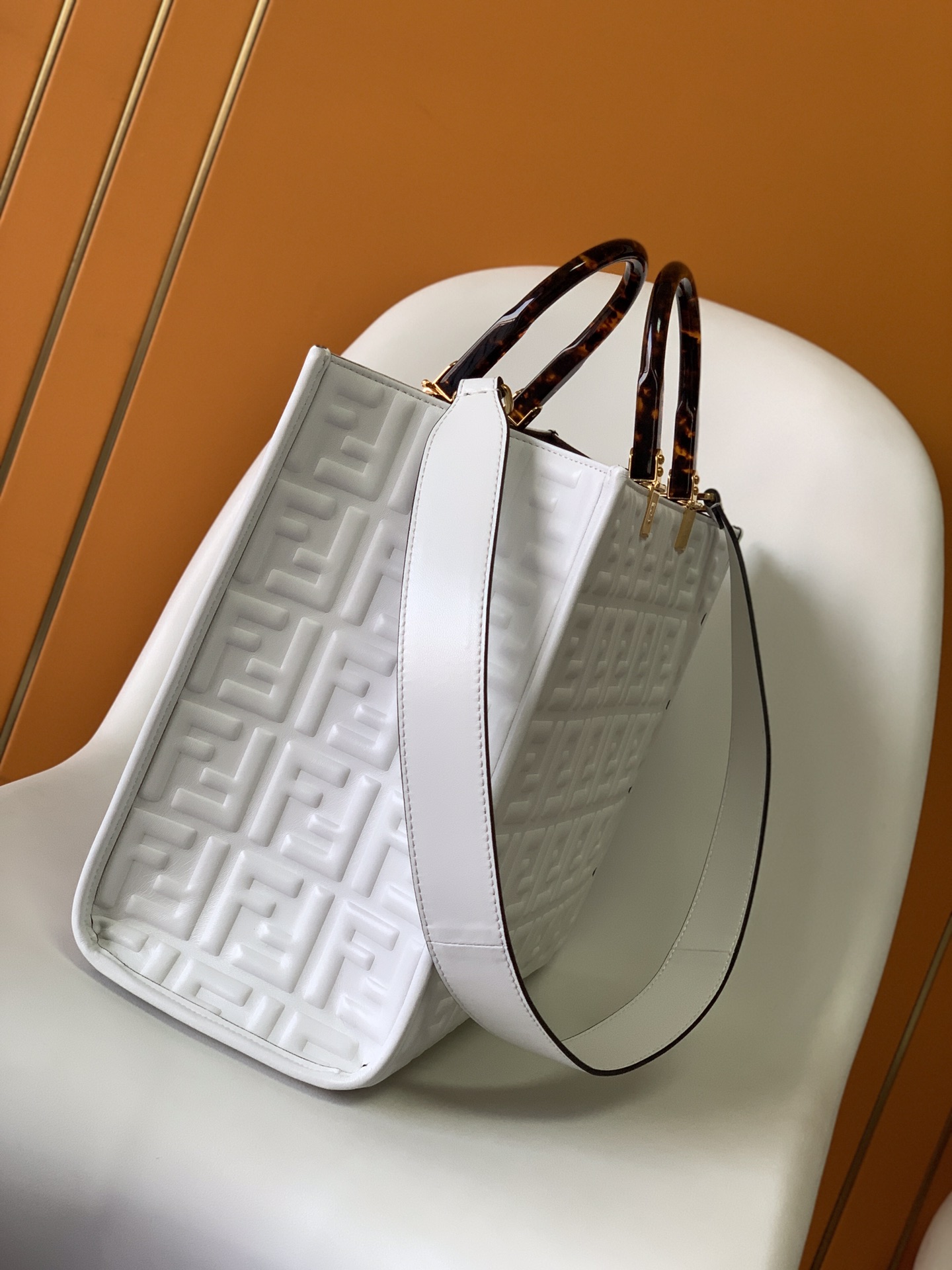 Fendi Medium Sunshine Shopper White Leather with Raised 3D-texture FF Motif 